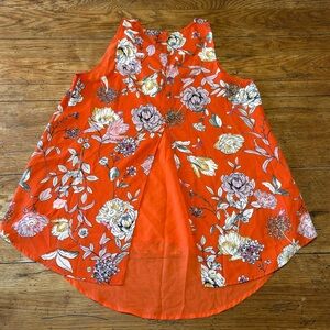 FUN Vibrant Euro Summer Orange & Floral Full Garphic Tank w/ Flowy Sheer Fabric